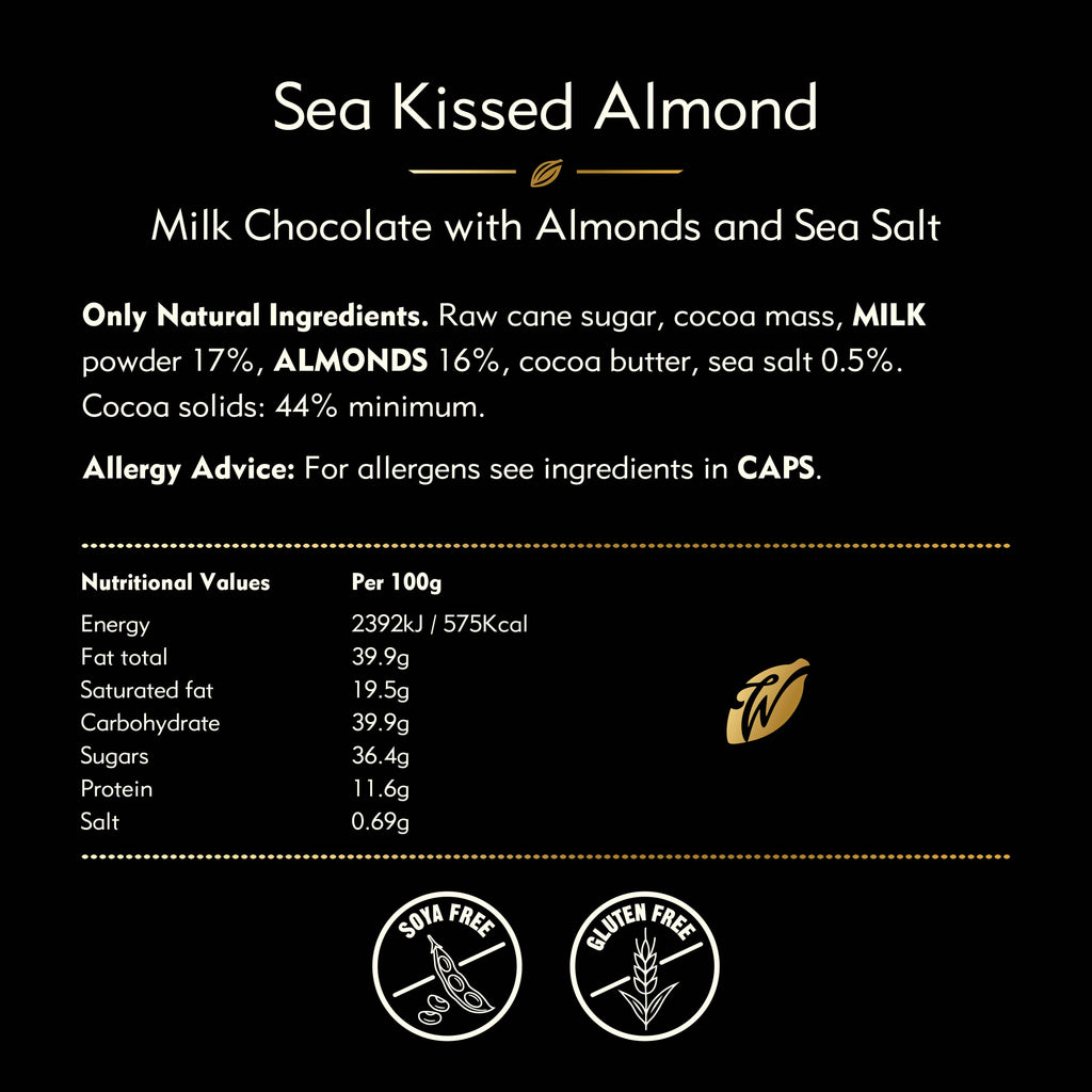 Sea Kissed Almond. Milk chocolate w. almonds & sea salt 50g