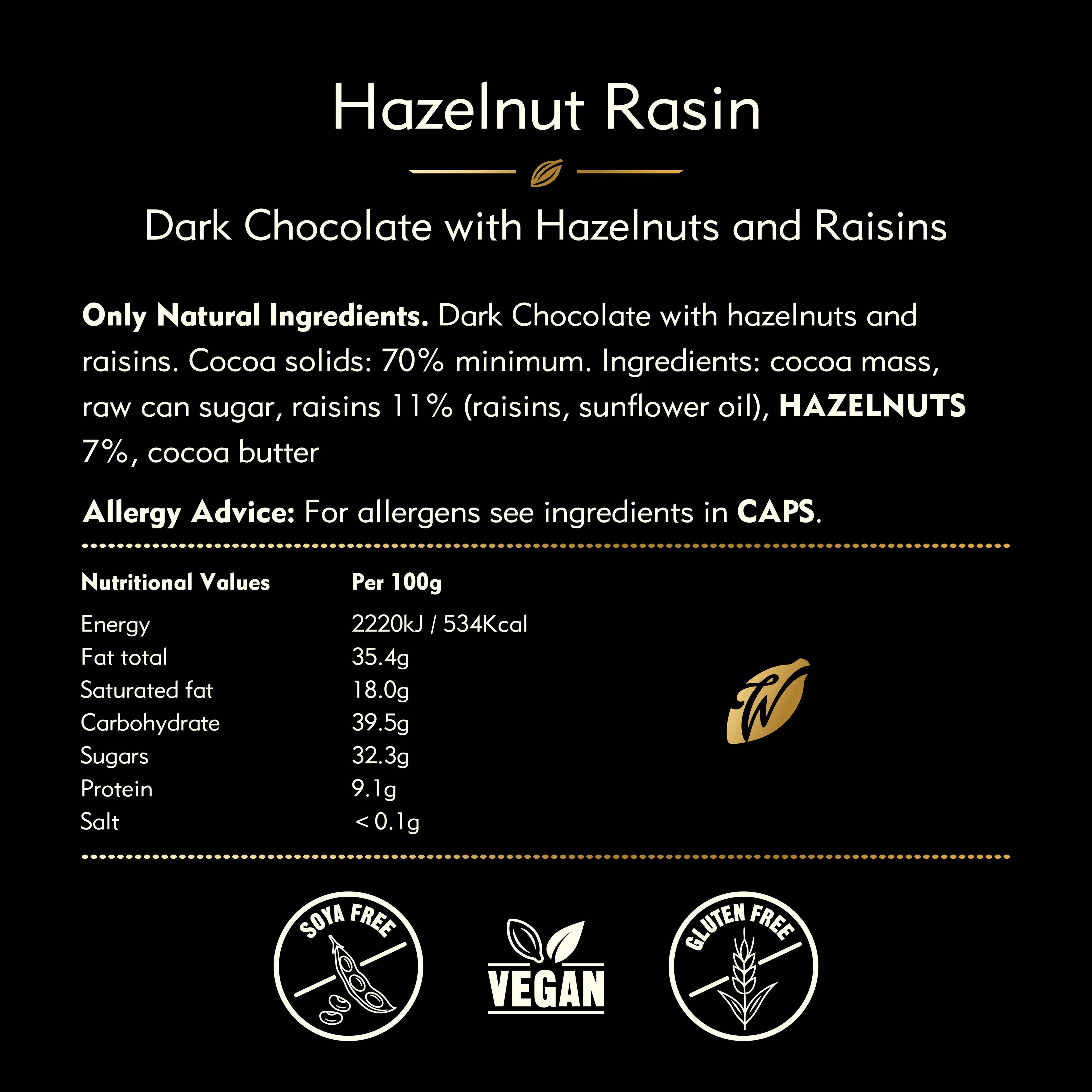 Hazelnut Raisin. Dark chocolate. Vegan. 50g bar