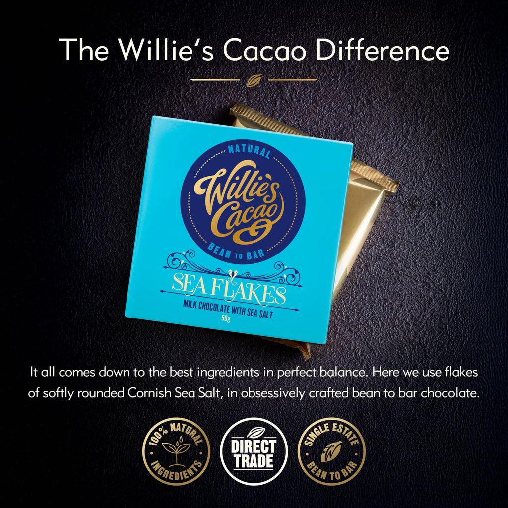 Sea Flakes. Milk chocolate with flakes of Sea Salt. 50g bar