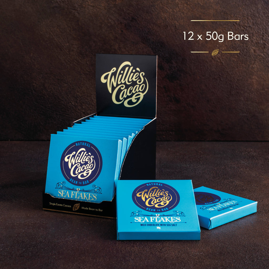 Sea Flakes. Milk chocolate with flakes of Sea Salt. 50g bar