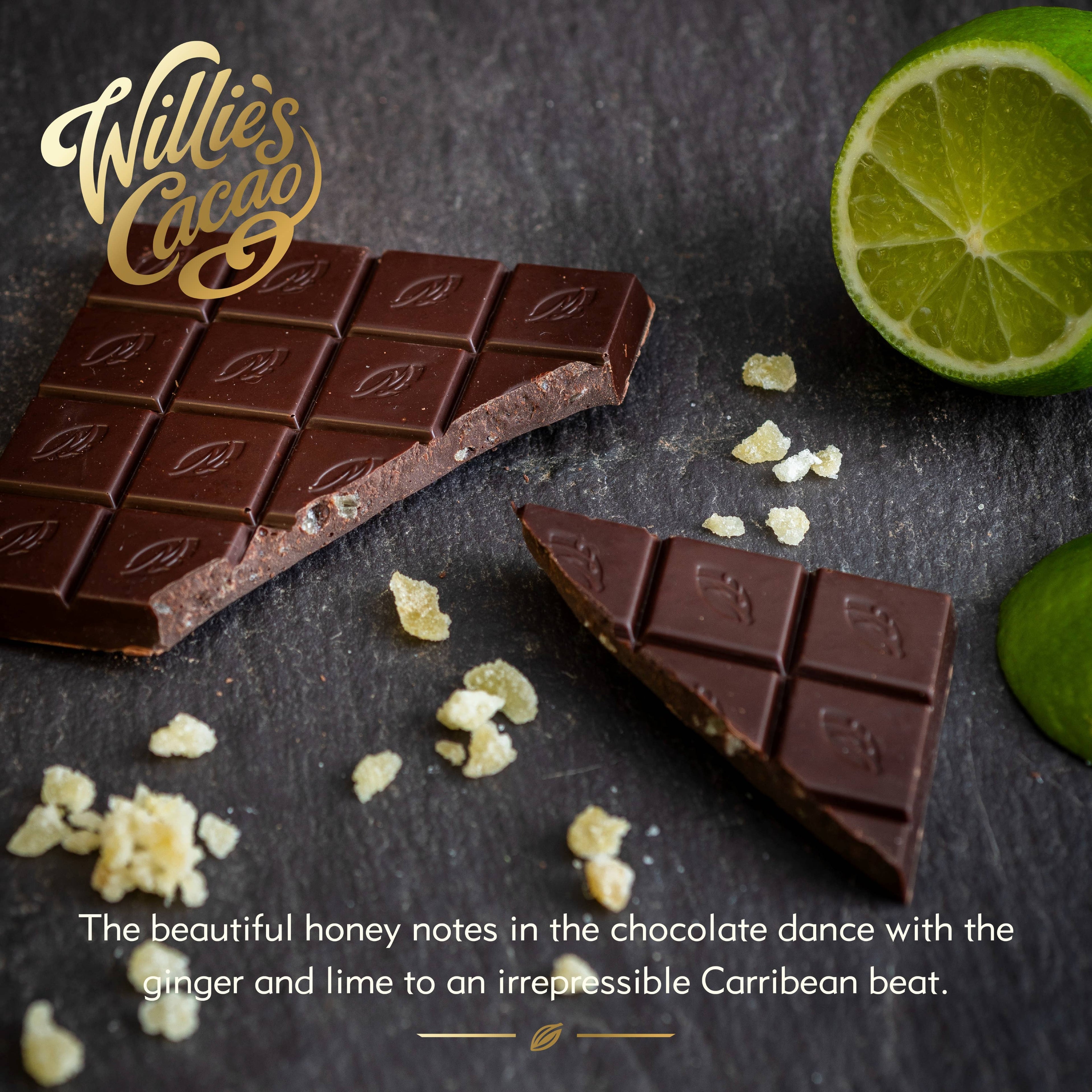 Ginger Lime. Dark chocolate w. ginger & lime. Vegan. 50g bar