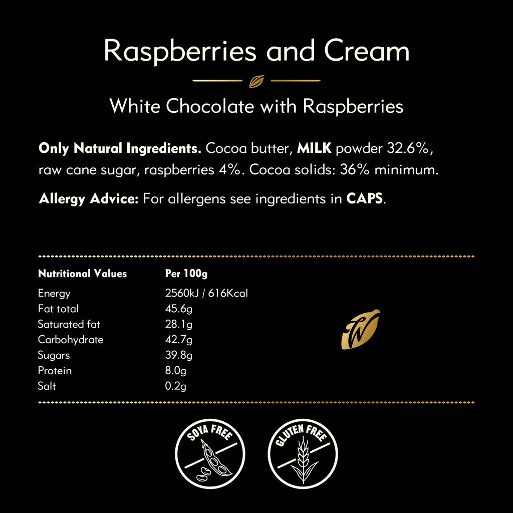 Raspberries & Cream. White chocolate w. raspberries 50g bar
