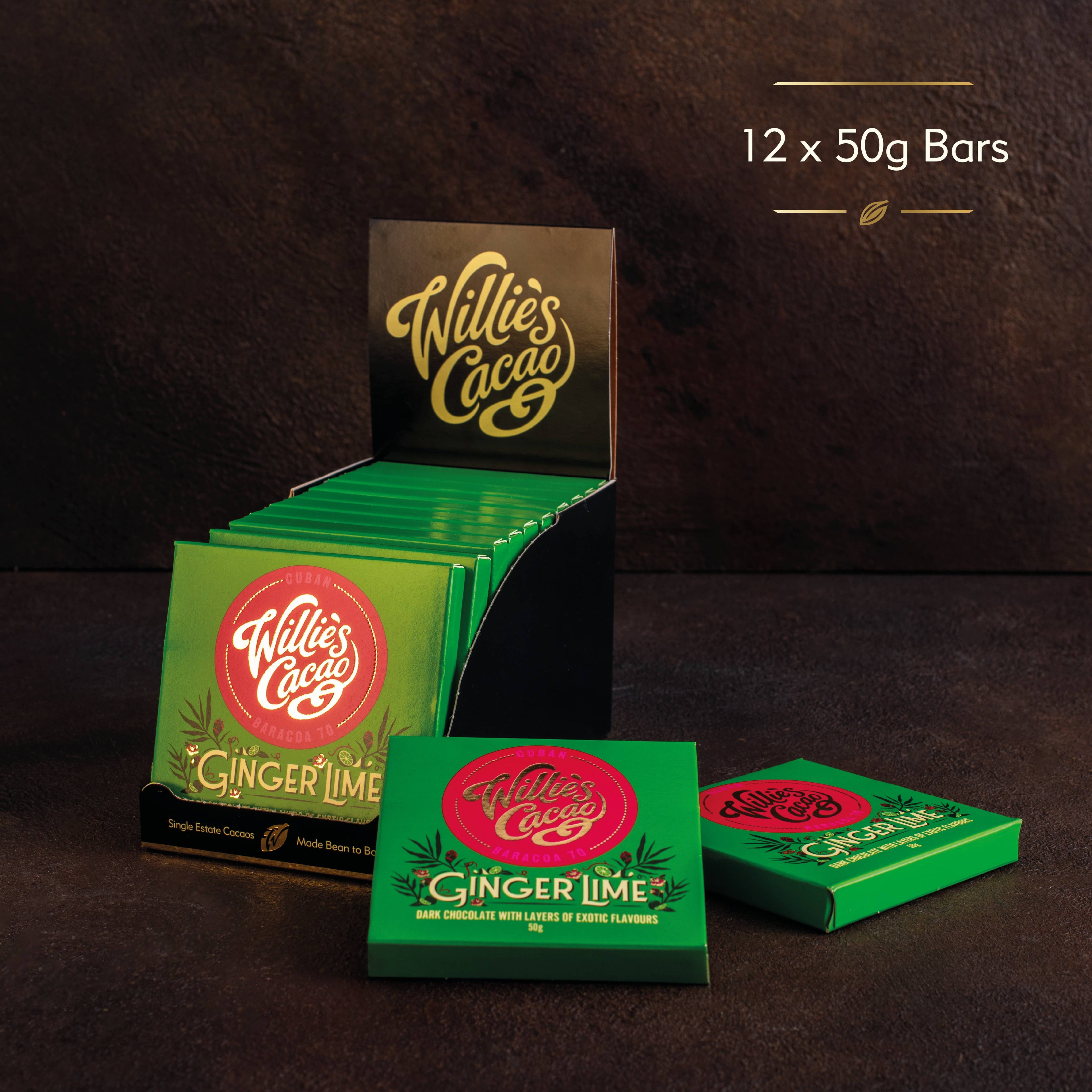 Ginger Lime. Dark chocolate w. ginger & lime. Vegan. 50g bar