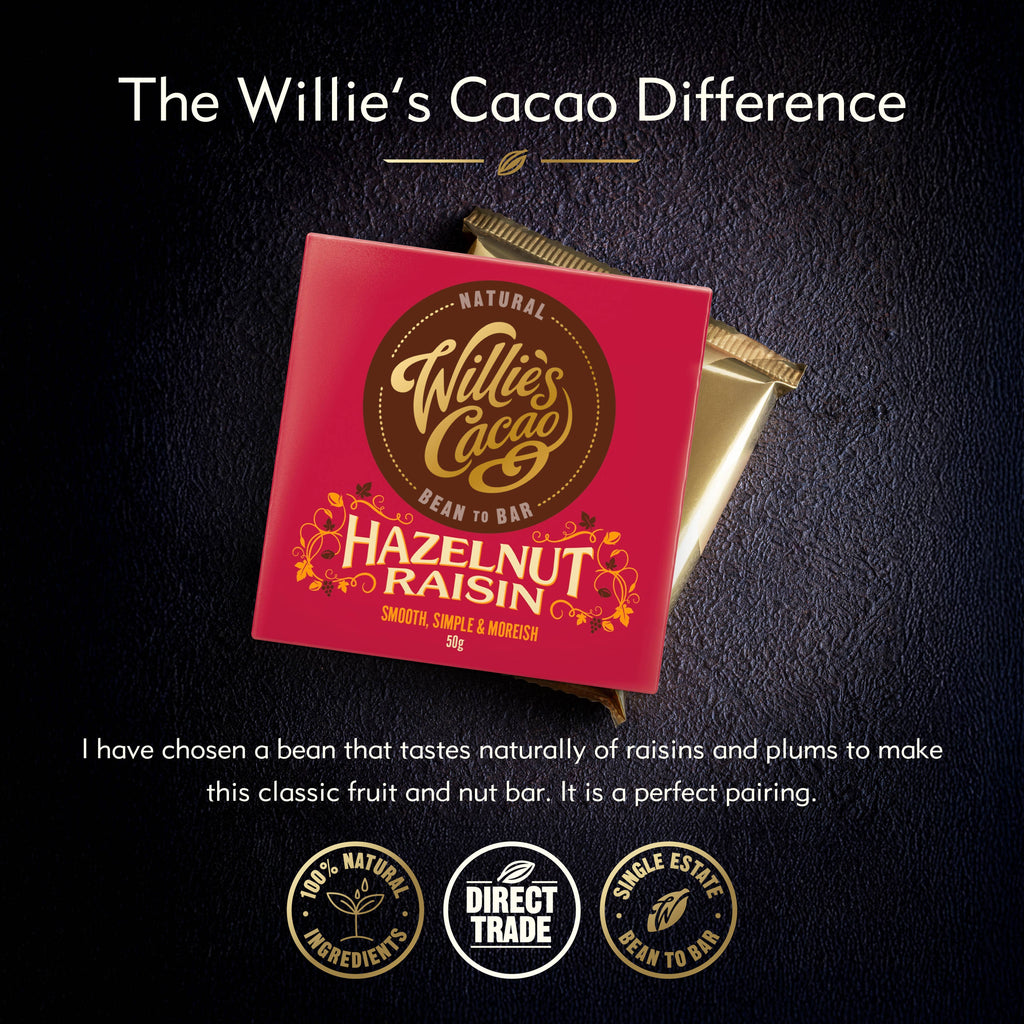 Hazelnut Raisin. Dark chocolate. Vegan. 50g bar