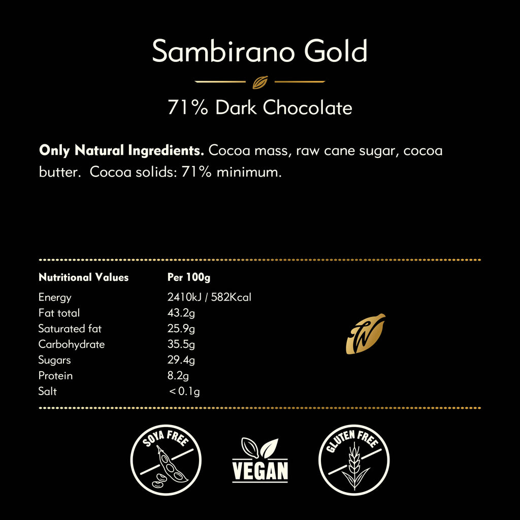 Sambirano 71% dark chocolate. Fruit notes. Vegan. 50g bar