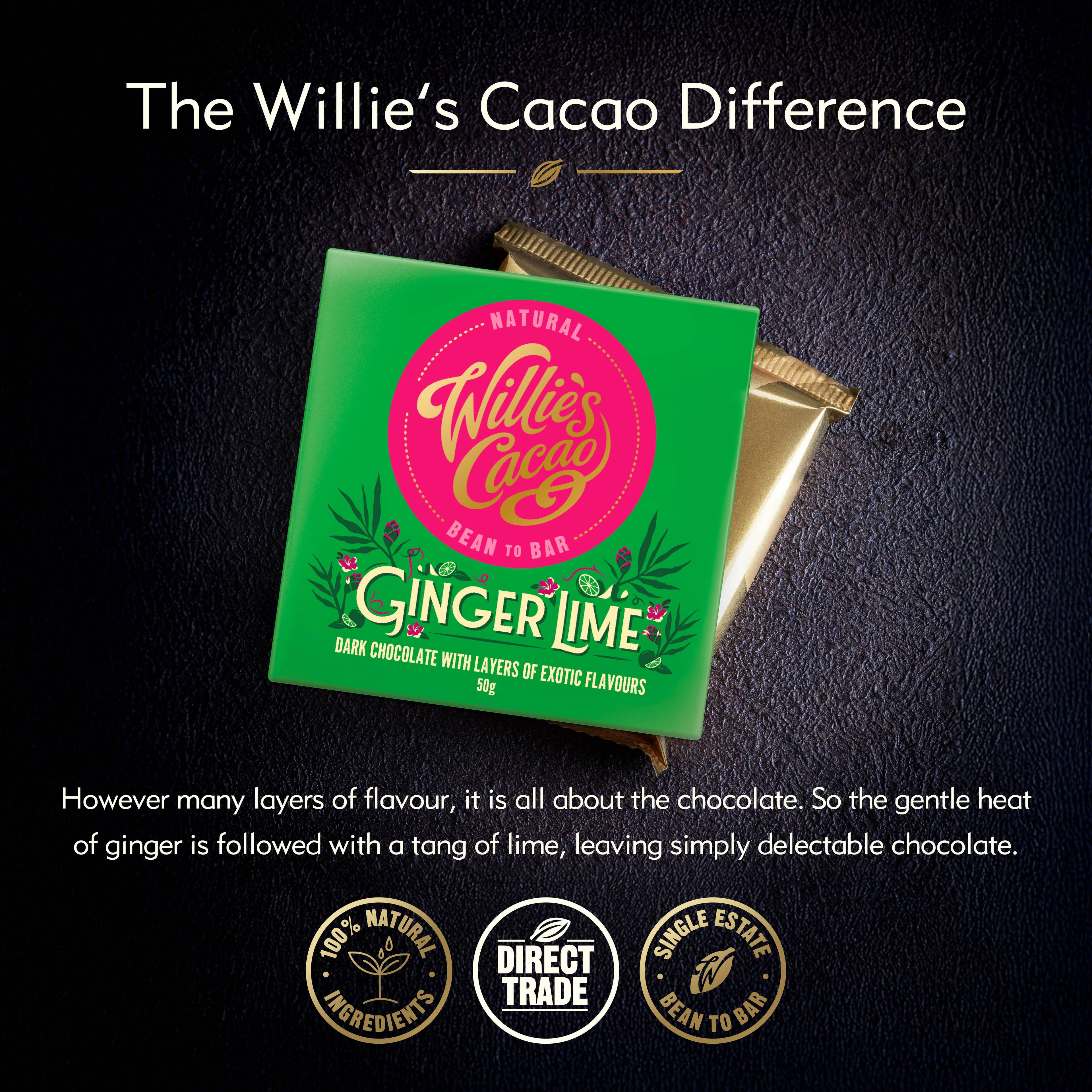 Ginger Lime. Dark chocolate w. ginger & lime. Vegan. 50g bar