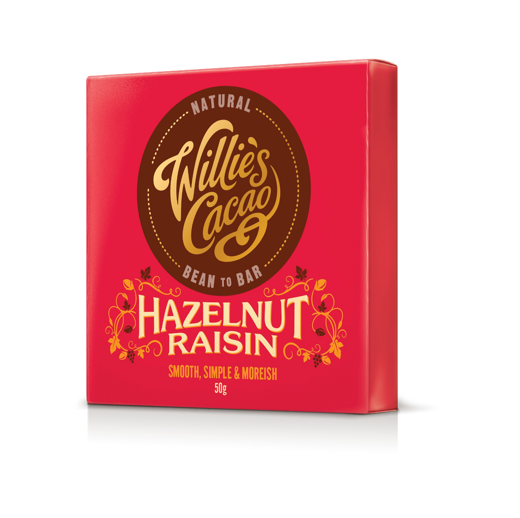 Hazelnut Raisin. Dark chocolate. Vegan. 50g bar