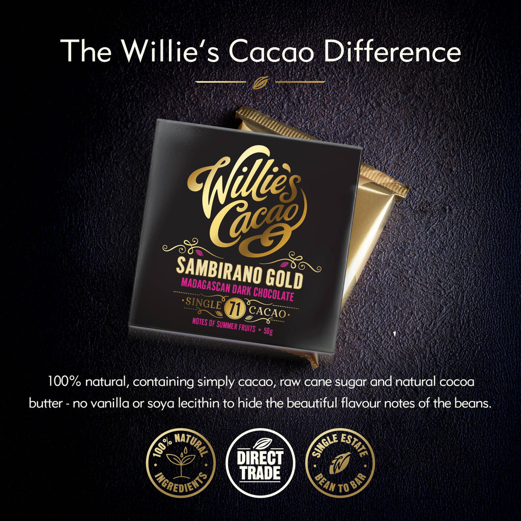 Sambirano 71% dark chocolate. Fruit notes. Vegan. 50g bar