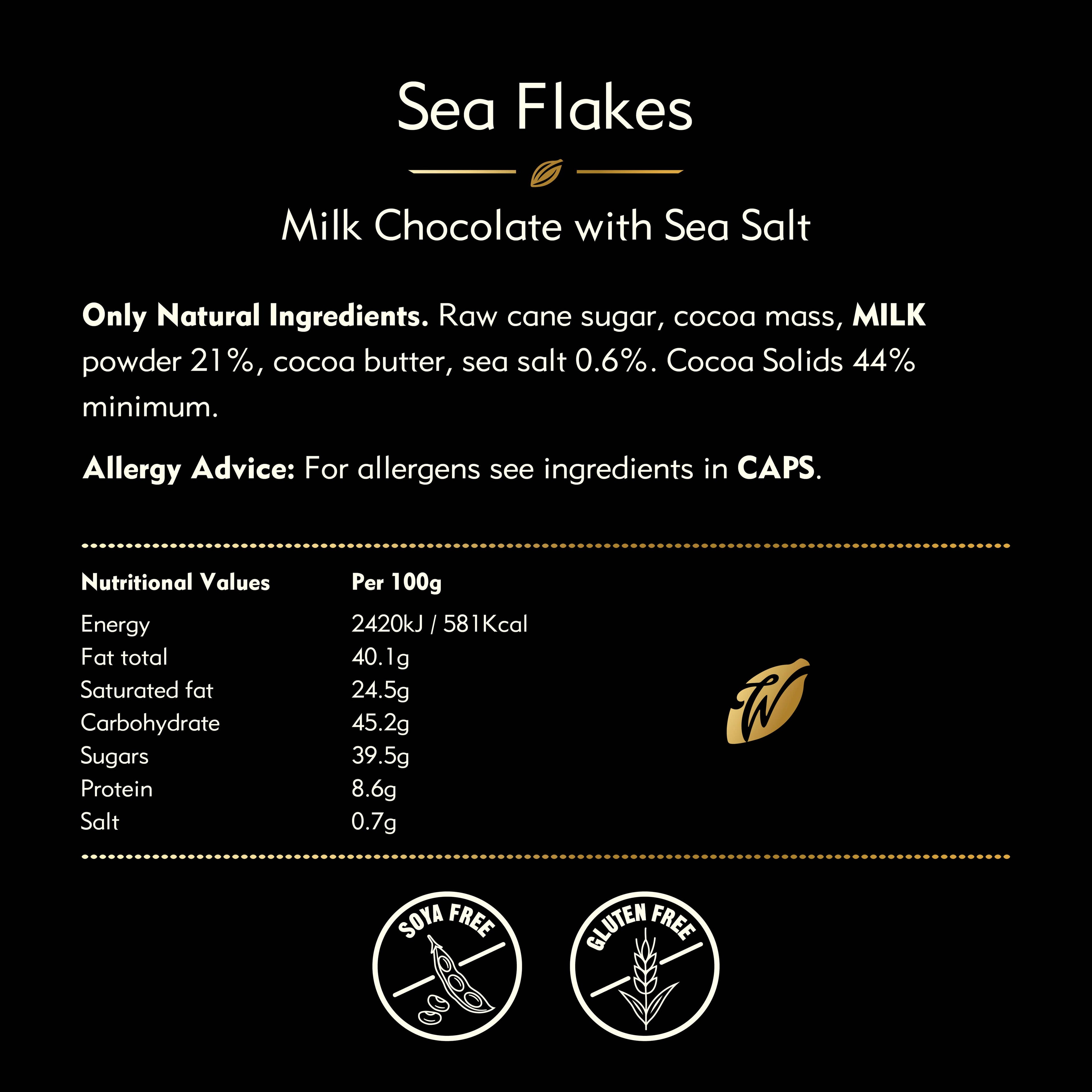 Sea Flakes. Milk chocolate with flakes of Sea Salt. 50g bar