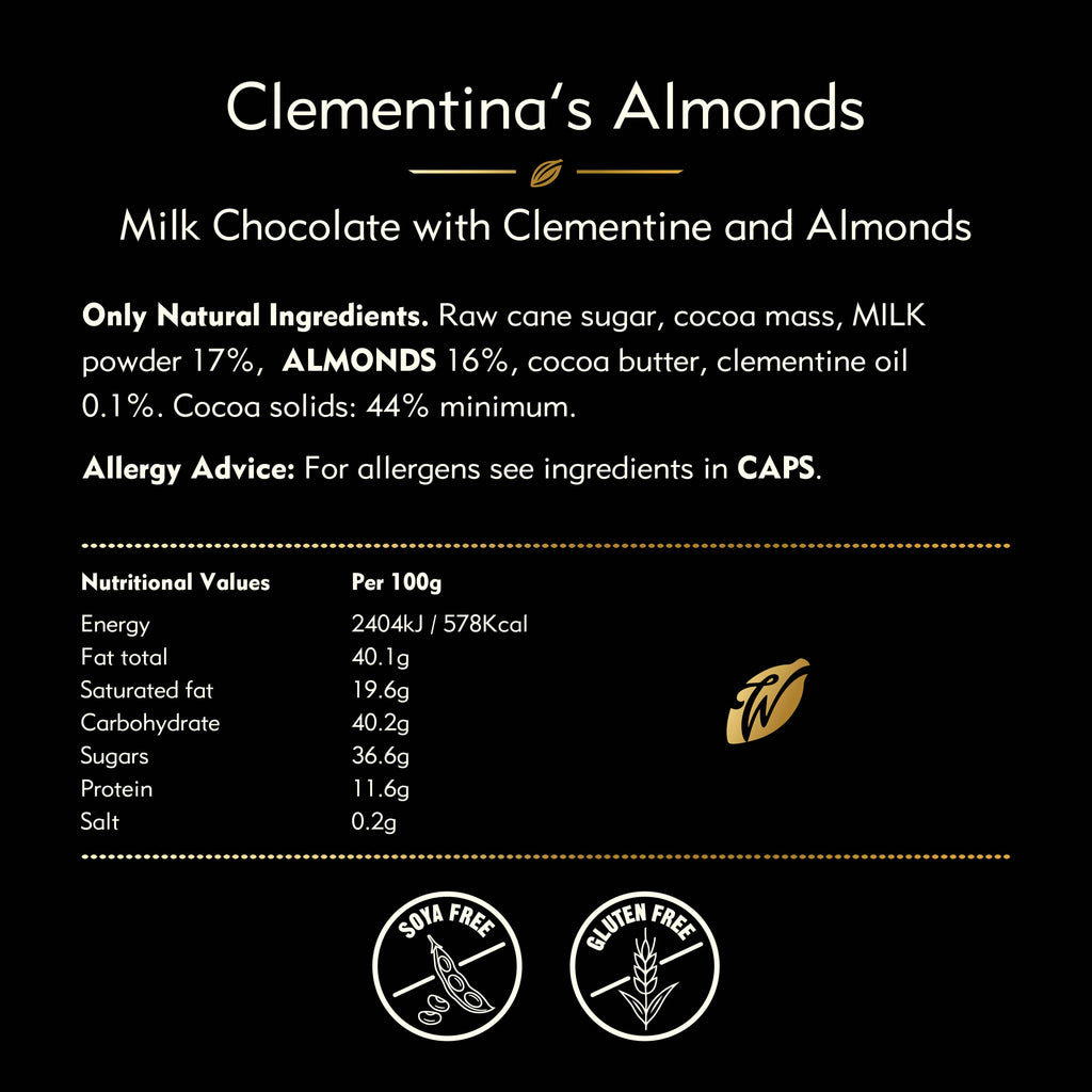 Clementina's Almonds. Milk chocolate. 50g bar
