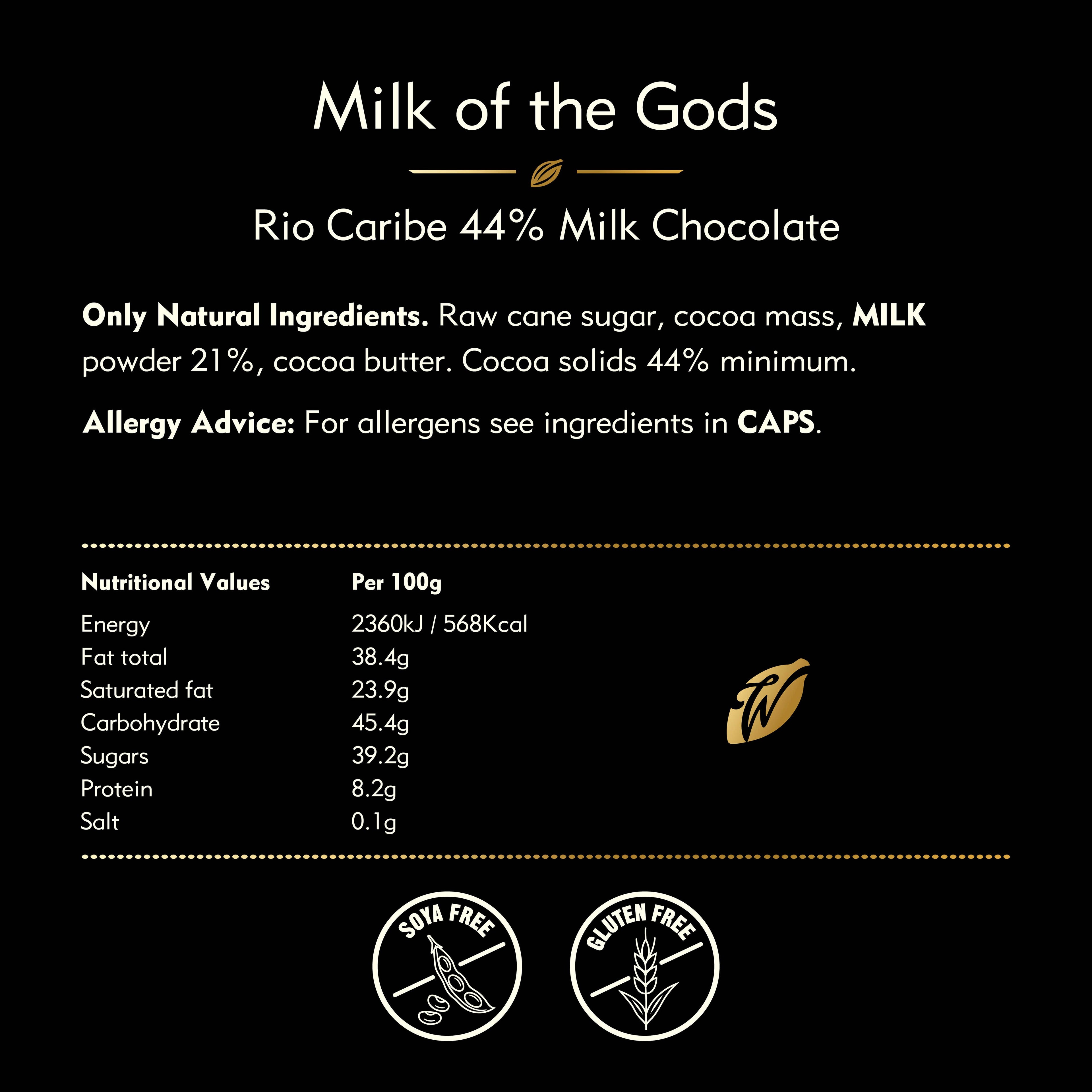 Milk of the Gods. Rio Caribe 44% milk chocolate. 50g bar