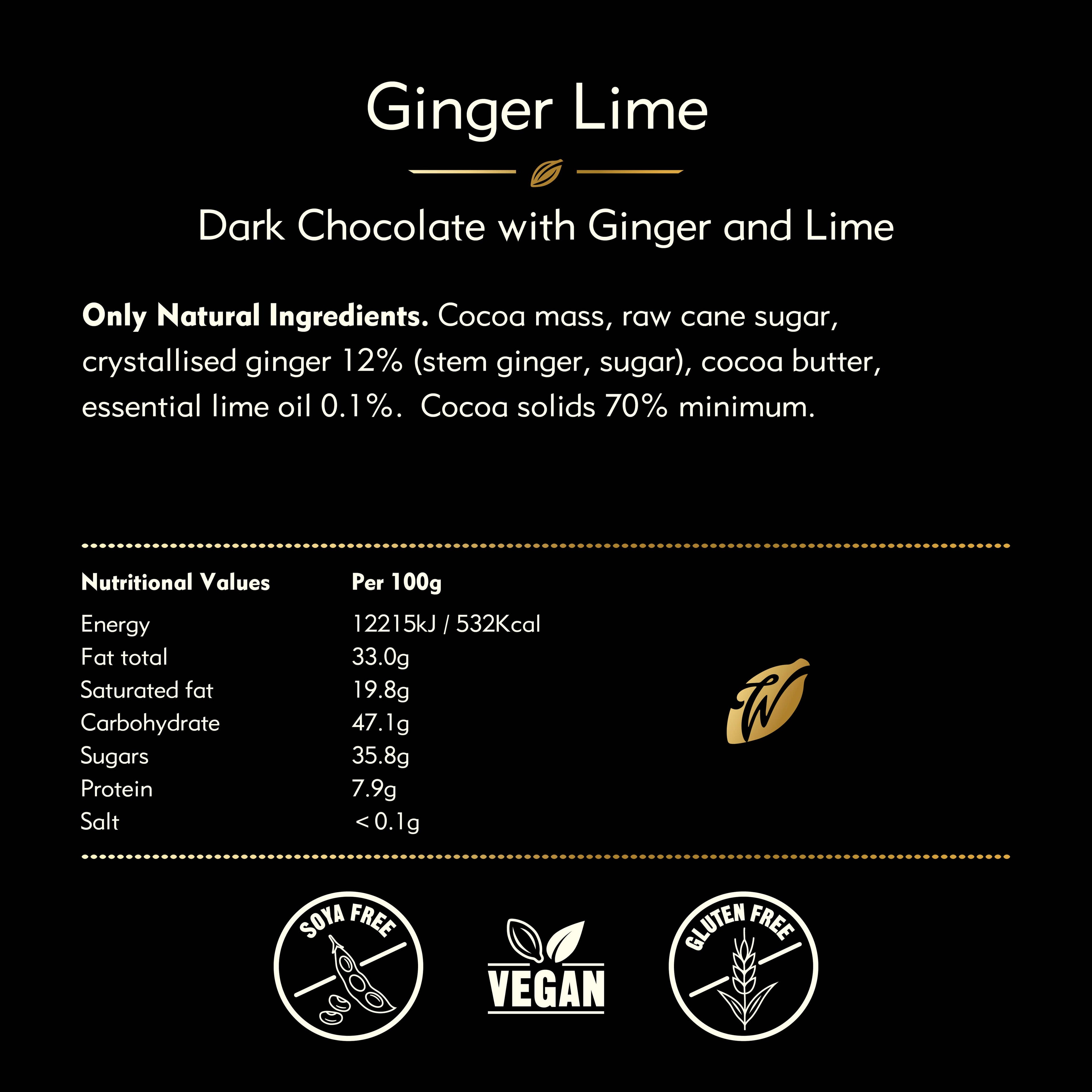 Ginger Lime. Dark chocolate w. ginger & lime. Vegan. 50g bar