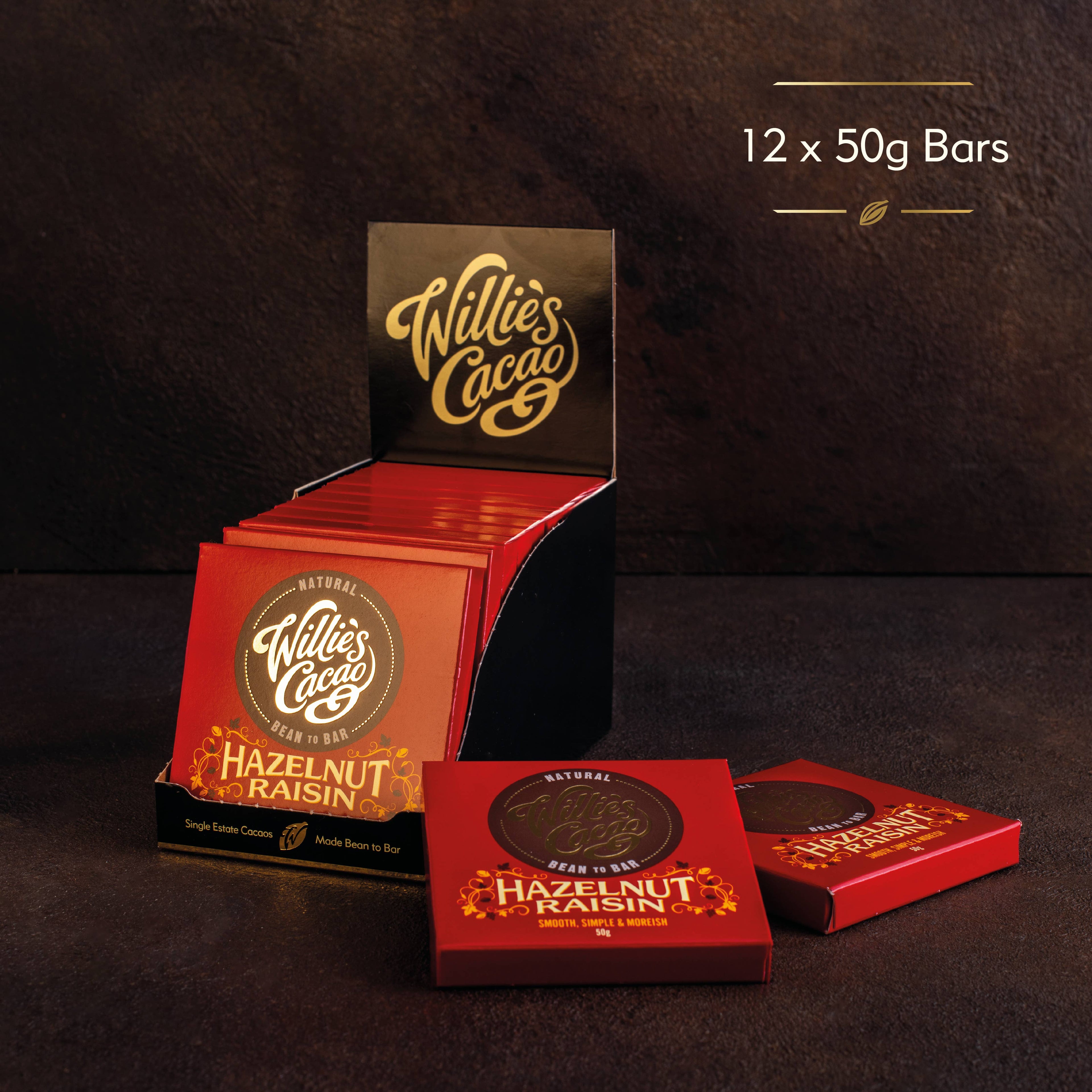 Hazelnut Raisin. Dark chocolate. Vegan. 50g bar